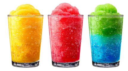 Three refreshing frozen drinks in clear glasses with condensation, cut out transparent