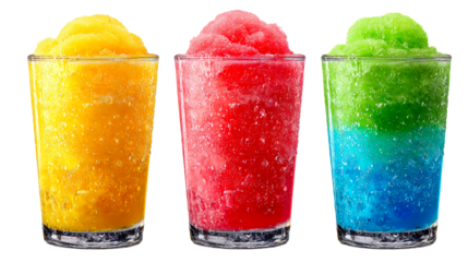 Three refreshing frozen drinks in clear glasses with condensation, cut out transparent