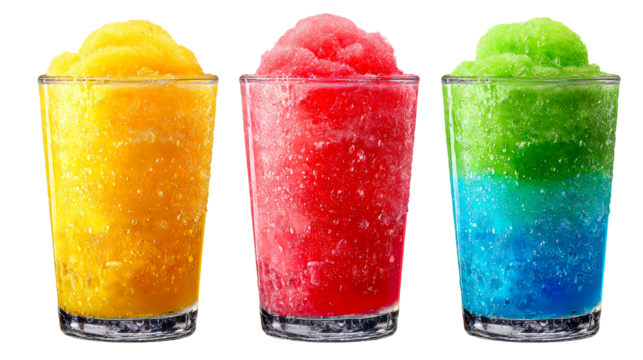 Three refreshing frozen drinks in clear glasses with condensation, cut out transparent