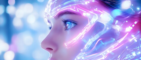 A woman's face with blue eyes and a pink and purple head