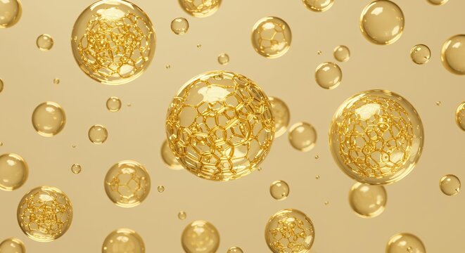 Large golden fullerene carbon spheres with molecular structure floating on warm beige background, nanoscience concept