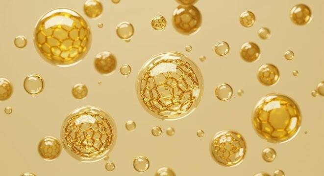 Golden fullerene molecules encased in transparent spheres on warm background, carbon nanotechnology and materials science
