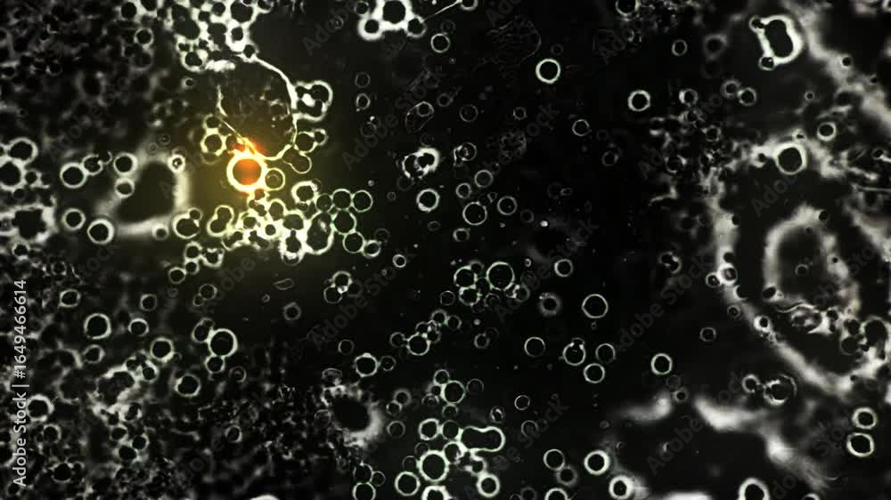 Poster dynamic abstract microscopic cells pulsating and interacting in a glowing organic fluid environment