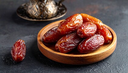 Dates – Shiny Medjool dates in a glass bowl, close-up view._on a wooden plate