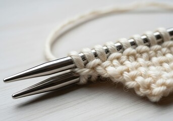 Close-up of Knitting Needles with Cream Colored Yarn on a White Background