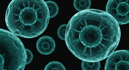 Turquoise biological cells with internal structures on black background, microscopy and cellular biology visualization