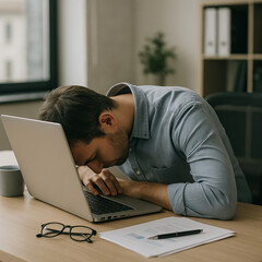 Exhaustion &ndash; office worker at a desk with head resting on a laptop.