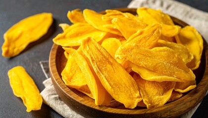 Dried Mango &ndash; Bright yellow dried mango slices arranged neatly.