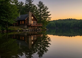 Fototapeta premium Picturesque wooden cabin with stone foundation reflected in mirror-like lake waters during golden sunset - perfect for vacation properties and nature retreat marketing