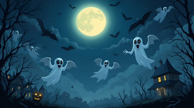 Spooky moonlight banshees flying under night sky in eerie Halloween cartoon scene