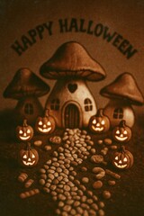 Fantasy mushroom house Halloween greeting scene, cute fairy tale style with glowing jack-o'-lanterns and cobblestone path, cozy night atmosphere, spooky holiday design