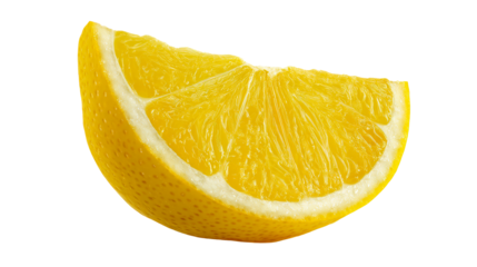 Close-up of a juicy citrus fruit segment with vibrant yellow flesh and white pith, cut out transparent
