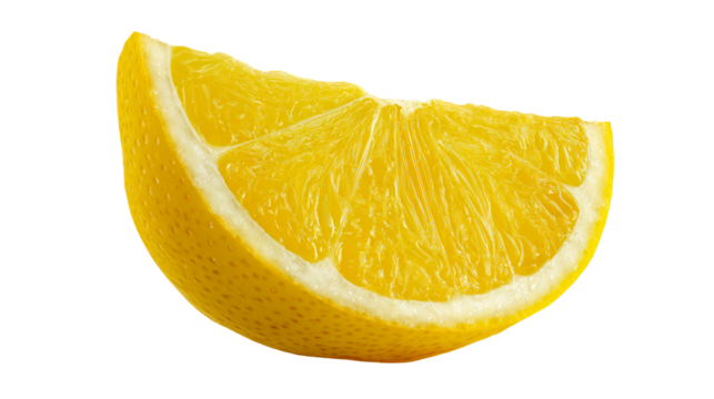 Close-up of a juicy citrus fruit segment with vibrant yellow flesh and white pith, cut out transparent