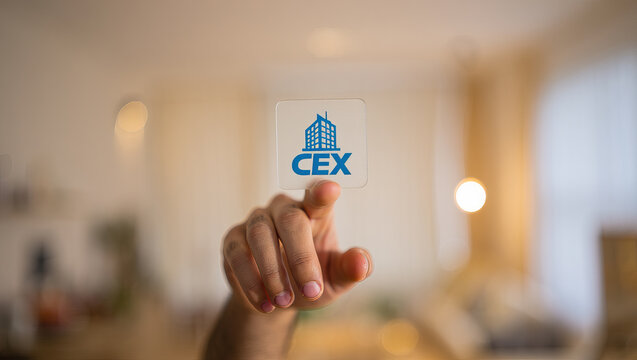 Interactive Commercial Real Estate Application Interface with Finger Touching CEX Icon for Property Management and Digital Investment Solutions