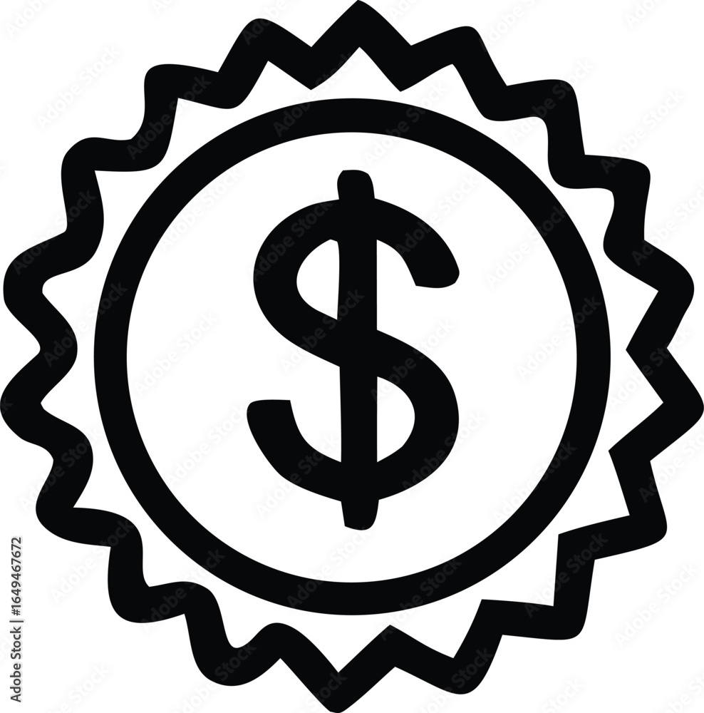 Poster bold black outline of a dollar sign within a circular badge with jagged edges symbolizing value and 