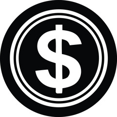 Bold black and white icon featuring a prominent dollar sign centered within a circular border