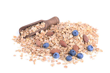 Granola with almond and blueberries isolated on white