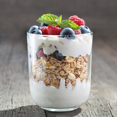 Granola with yogurt, fresh blueberries and raspberries in glass over old wood background.