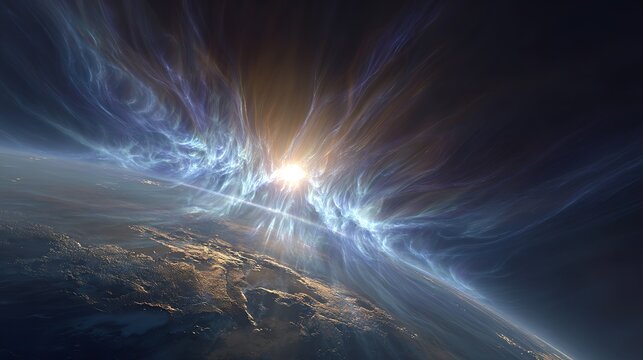 A painterly solar corona explosion with rippling aurora energy cascading toward a small blue planet.