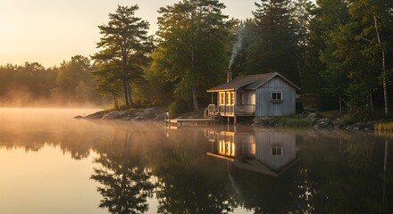 Obraz premium Peaceful wooden cabin nestled among trees beside misty lake at sunrise, creating perfect mirror reflection - ideal for tranquil retreat and vacation rental marketing