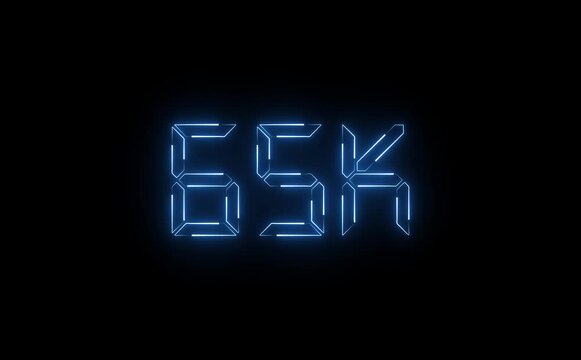 A glowing neon "65K" text icon pulses with bright electric colors, flickering slightly for a dynamic effect&mdash;perfect for highlighting milestones, followers, or achievements.
