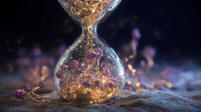 Translucent hourglass showing decaying cells transforming into glowing new structures, symbolizing cellular renewal.