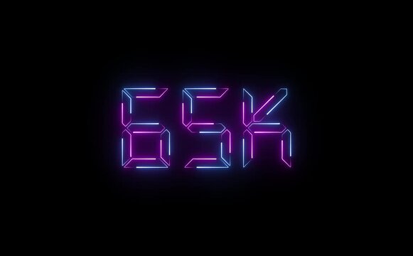 A glowing neon "65K" text icon pulses with bright electric colors, flickering slightly for a dynamic effect&mdash;perfect for highlighting milestones, followers, or achievements.
