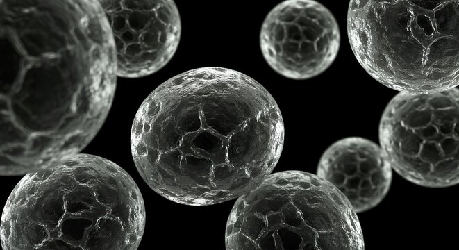 Grayscale microscopic view of transparent embryonic cells at blastocyst stage showing detailed biological structure for medical documentation