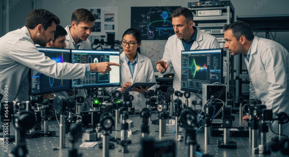 Poster Engineers collaborating in an adaptive optics lab full of calibration hardware computers and precision optical instruments.