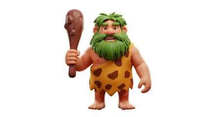Cartoon caveman holding a club with green hair and beard wearing animal skin on transparent background