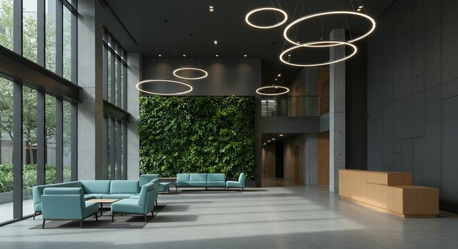 Sophisticated corporate lobby featuring dramatic living green wall, suspended circular lights, and modern teal furniture design