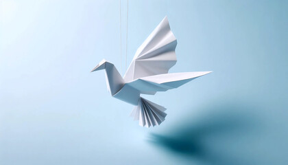 Paper origami dove hanging by thread, Ai generated image