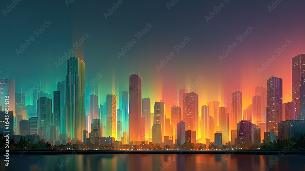 Poster abstract futuristic city skyline overlaid with progress indicators and data charts representing long