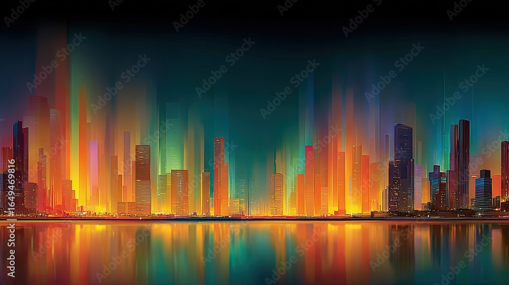 Poster abstract futuristic city skyline overlaid with progress indicators and data charts representing long