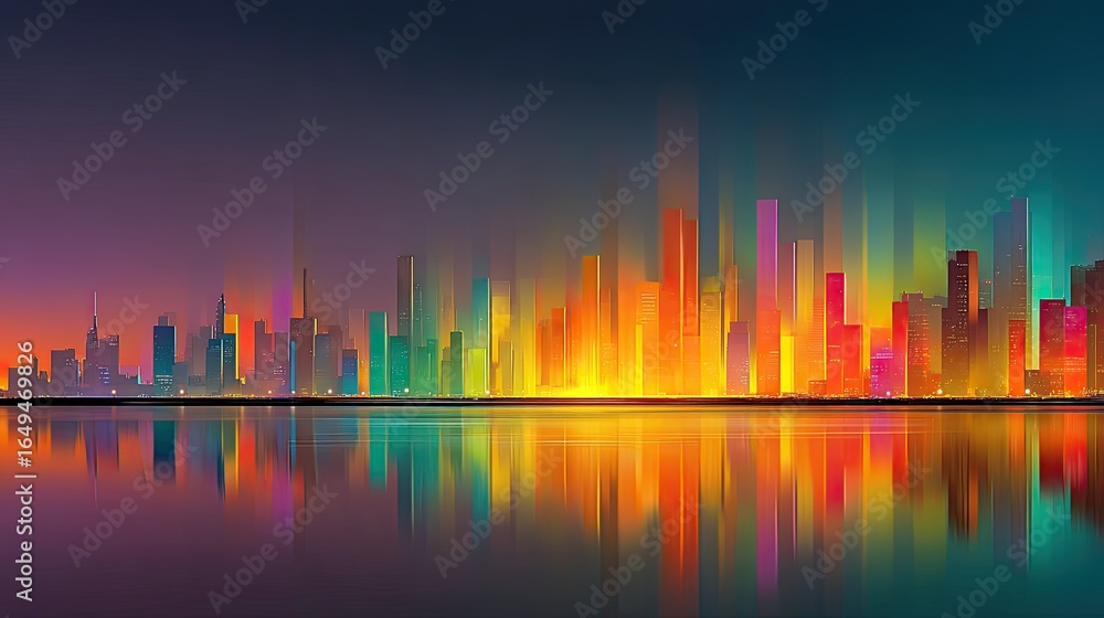 Aufkleber abstract futuristic city skyline overlaid with progress indicators and data charts representing long