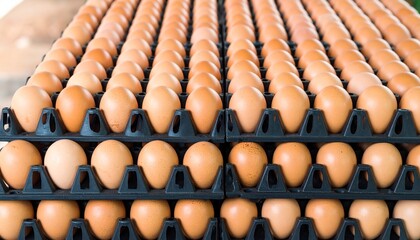 Fototapeta premium An orderly high-angle view of numerous fresh brown eggs neatly stacked in plastic trays for the market.