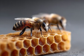 Active Bees Crawling on Golden Honeycomb in Macro Photography Shot