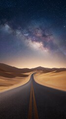 Endless desert road vanishing into the horizon under starry sky, Infinity Day, photorealistic, surreal atmosphere, copy space in sky