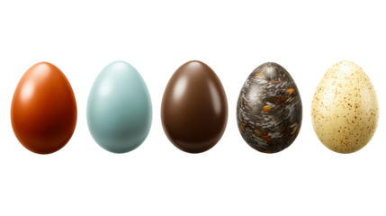 Five decorated Easter eggs presented in a row on a white background., cut out transparent