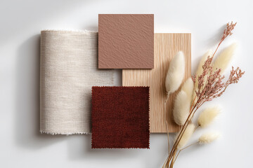 Interior design mood board with fabric swatches, wooden texture, and dried floral accents in warm earthy tones, creating a cozy and elegant natural aesthetic