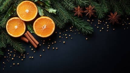Elegant Christmas Still Life: Vibrant Orange Slices, Fir, and Spices on a Dark Slate Background.