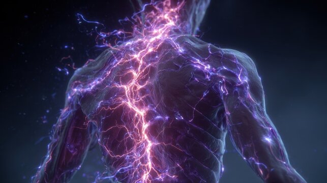 Purple electric current surging through human body's nervous system, visualizing potential electrical pathway during shock, illustrating neural network's complex energy transmission