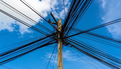 Fototapeta premium A chaotic, tangled web of electrical wires and cables messily draped around a sturdy utility pole, sharply defined against a brilliant blue sky.