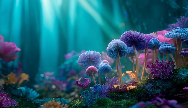 Enchanted forest floor with glowing bioluminescent mushrooms and vibrant coral-like plants magical fantasy - Powered by Adobe