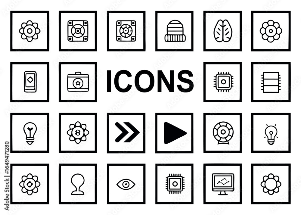 Poster collection of diverse black and white icons with various themes for web design and user interface ap