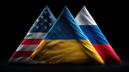 Geopolitical tensions rise flags of america russia and ukraine in dramatic display studio environment close-up view conflict concept