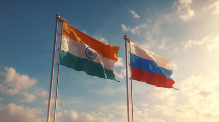 Diplomatic meeting between india and russia flags displayed outdoor event peaceful environment national unity concept