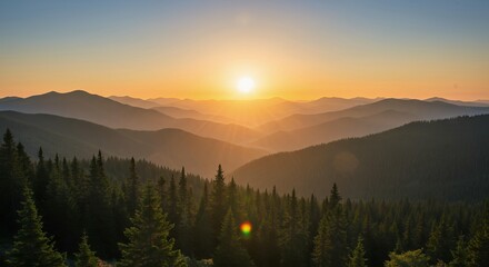 Obraz premium Majestic mountain sunrise landscape with layered forest-covered peaks golden sunbeams and atmospheric haze creating dramatic natural scenery