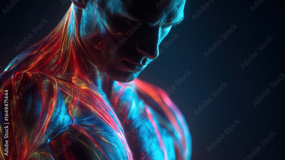 Poster luminescent nutrients streaming through muscle fibers. revealing intricate regeneration process and 