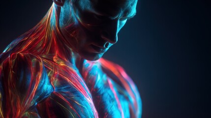 Naklejka na ściany i meble Luminescent nutrients streaming through muscle fibers. Revealing intricate regeneration process and highlighting cutting edge medical visualization of athletic performance and physiological recovery